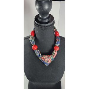 Boho Statement Necklace‎ Fabric Wrapped Beads Blue Floral Red Beads Adjustable
